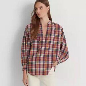 Ralph Lauren Riyeta Cotton Poplin Madras Plaid Tie-Neck Blouse, XL NWT